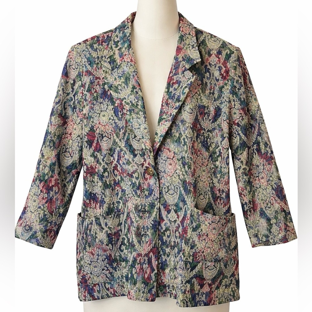 Vintage 90s Tapestry Colorful Floral Blazer Baroque Brocade Jacket Statement